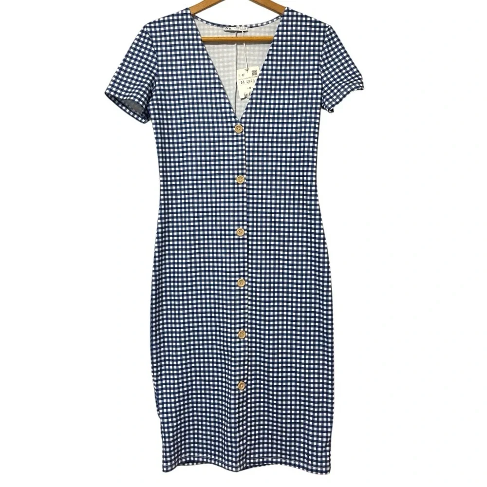 NWT Zara Gingham Blue Bodycon Dress Women’s M - Picture 2 of 10